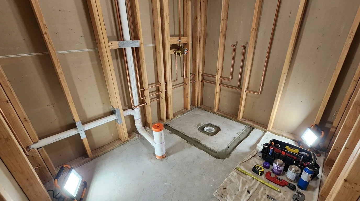 Bathroom rough-in plumbing during remodel by Johns Plumbing LLC in Purdy