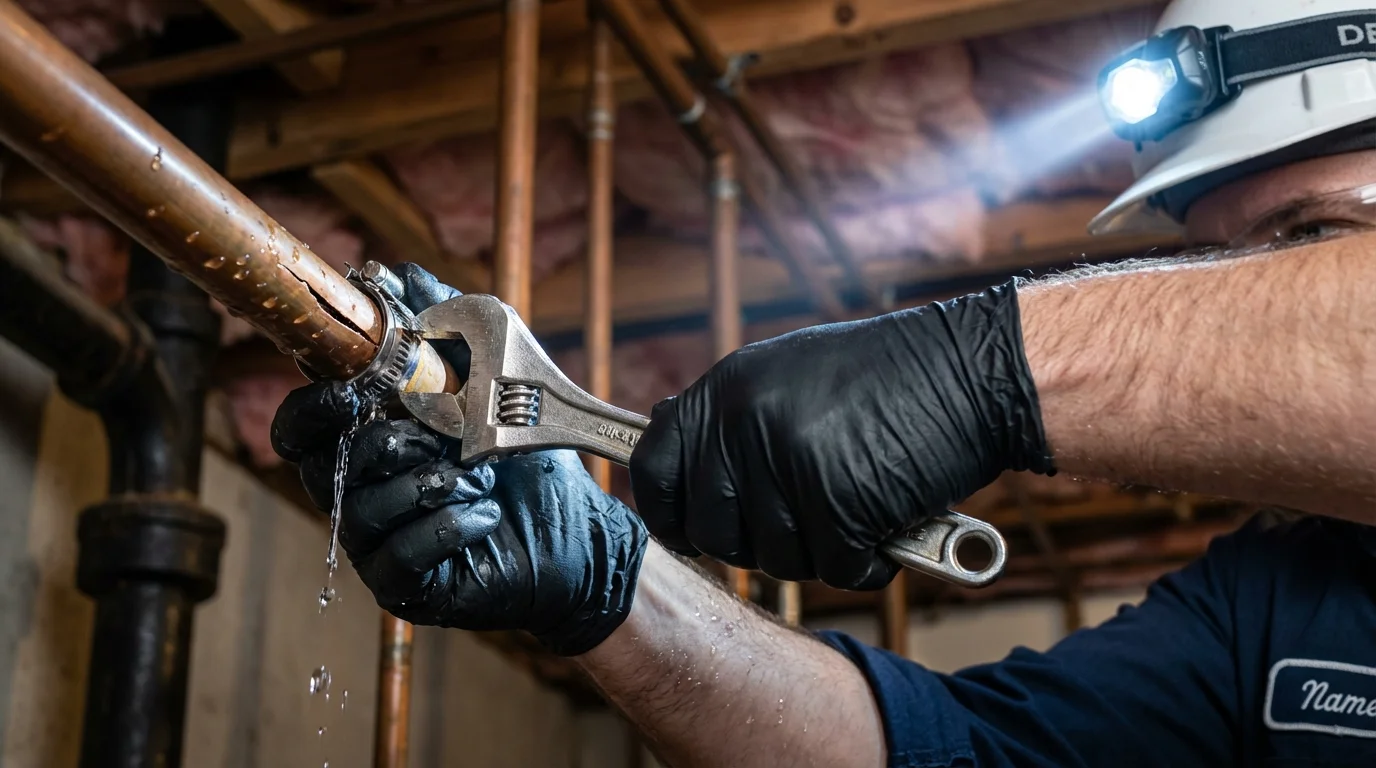 Emergency pipe clamp repair being performed by a Johns Plumbing LLC plumber in Purdy