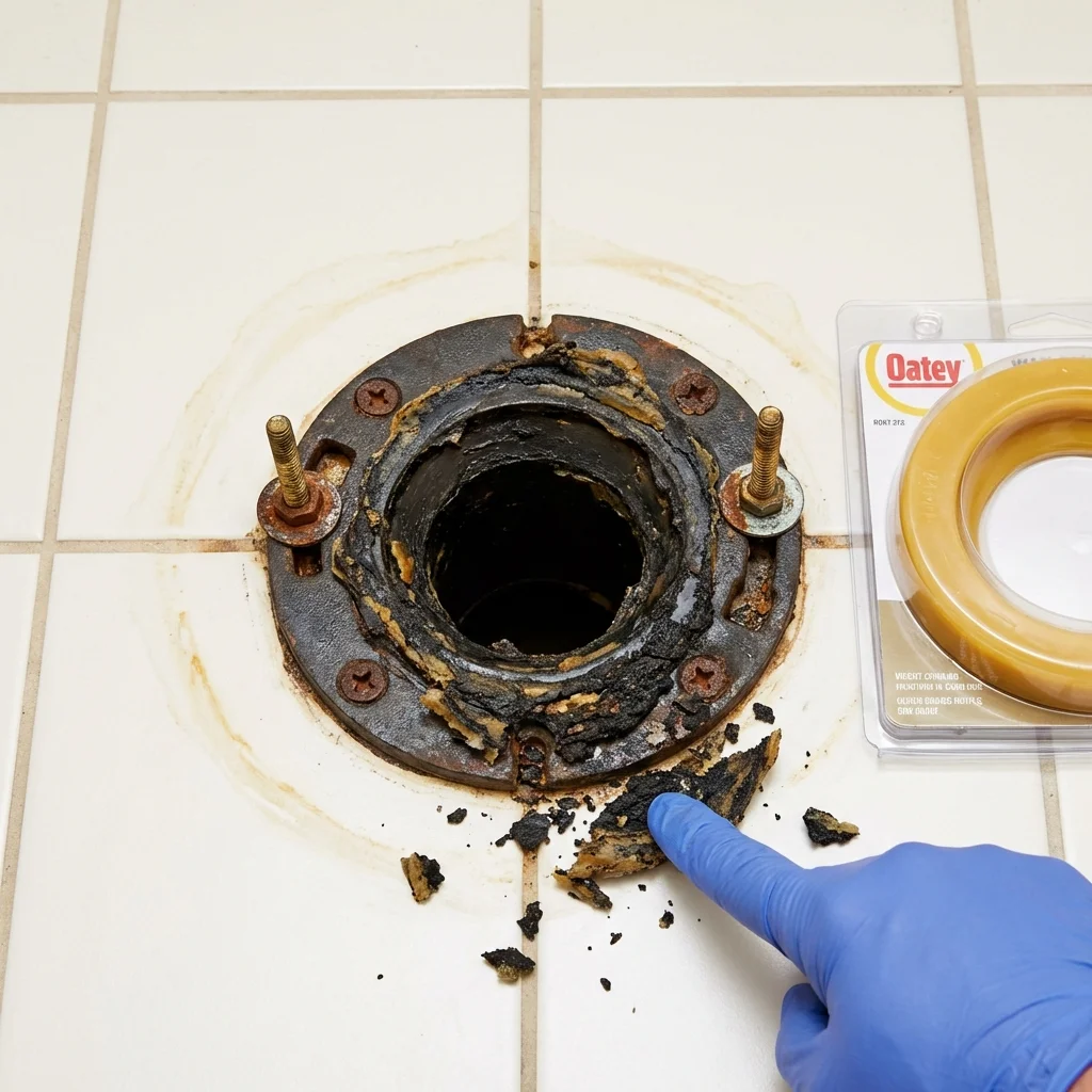 Failed wax ring showing water seepage at the base of a toilet in a Purdy, MO home