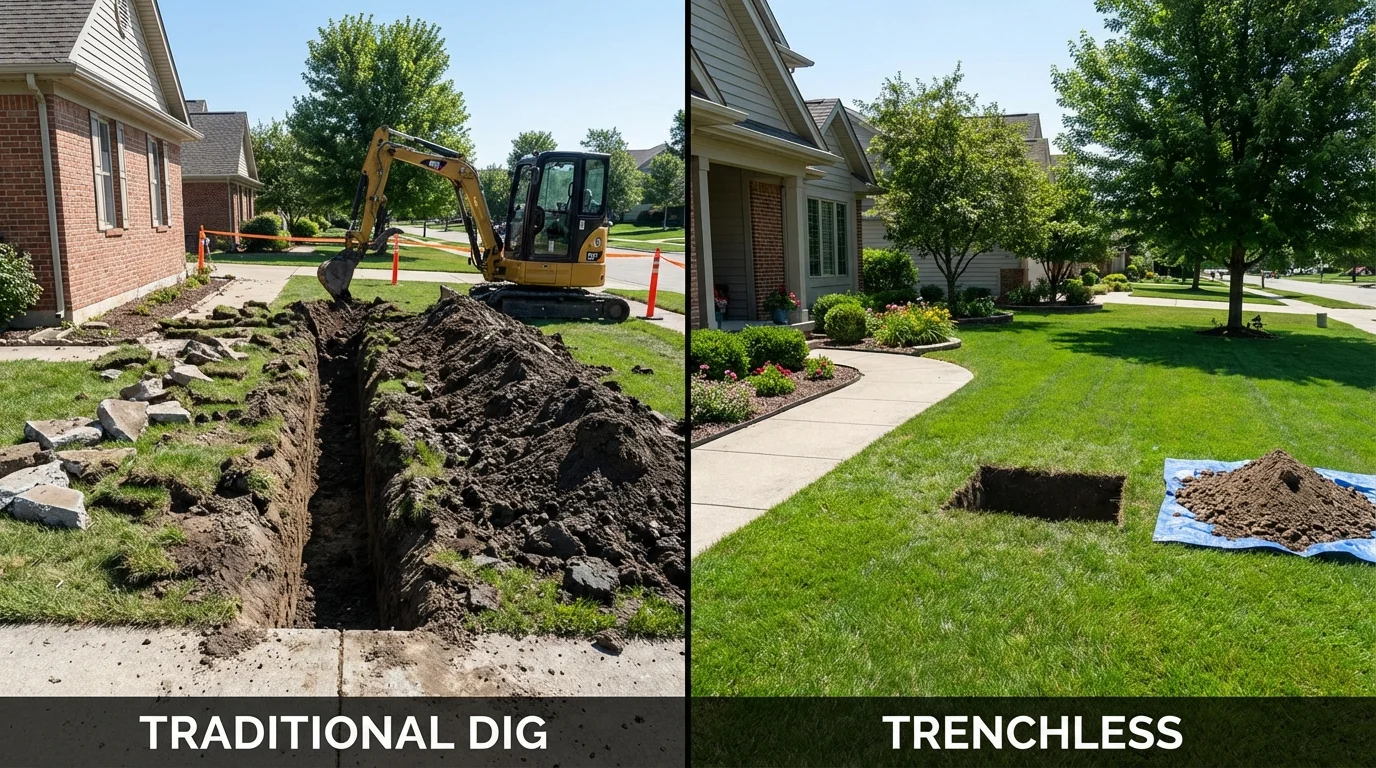 Trenchless sewer repair with minimal yard damage versus traditional excavation in Purdy, MO