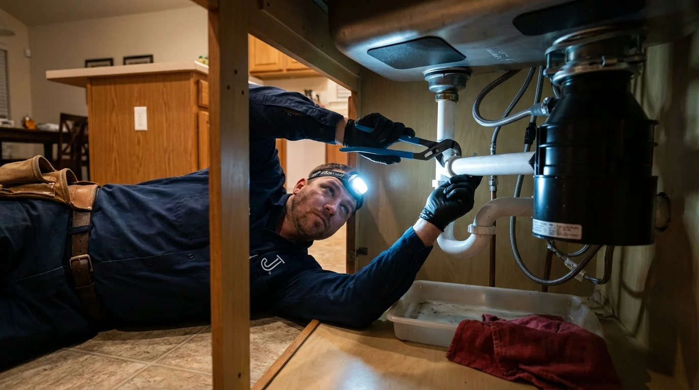 P-trap and supply line connections under a kitchen sink showing a common leak point in Purdy, MO